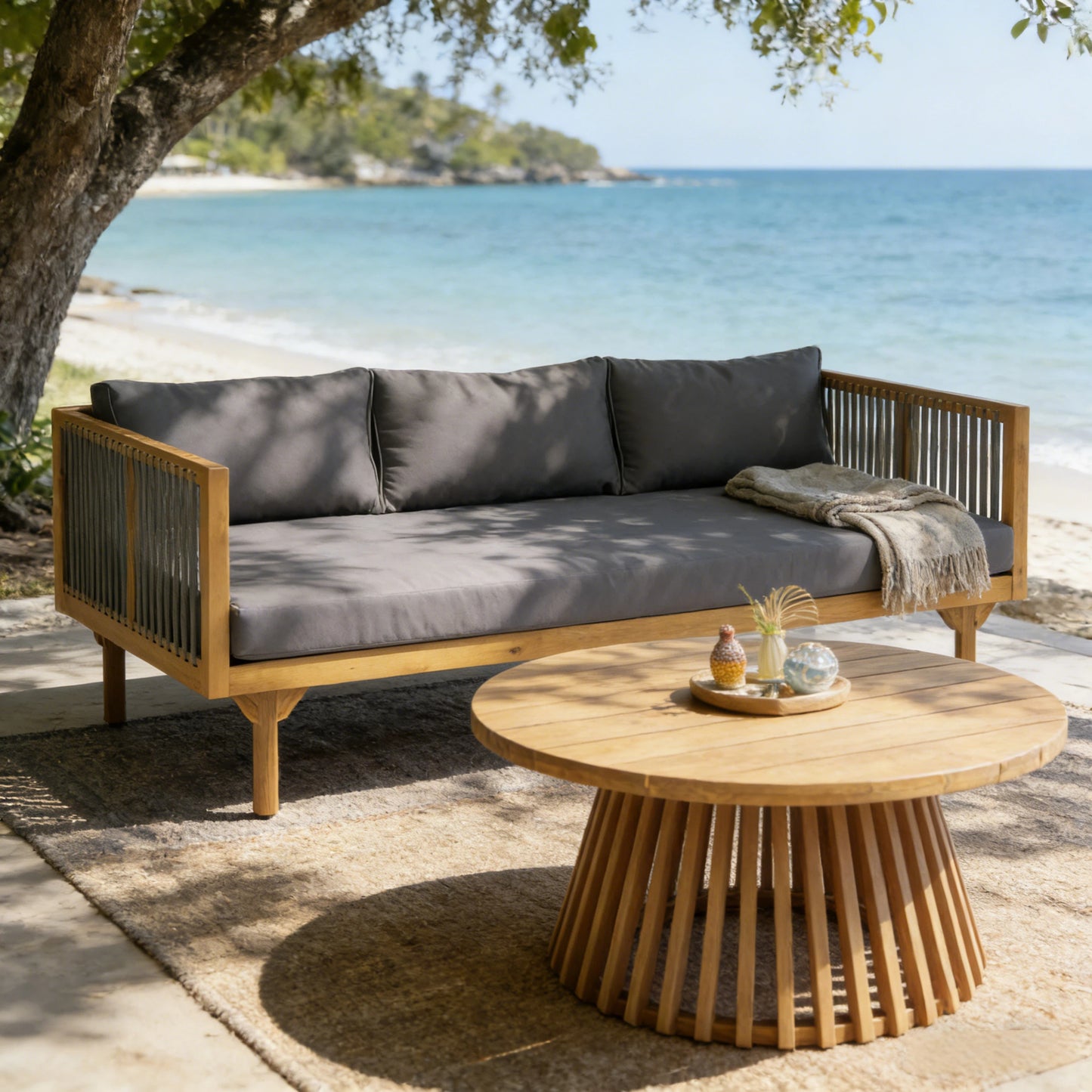 2-Piece Outdoor Patio Set: Sofa with Dark Grey Cushions & Grey Rope Back + Round Acacia Wood Coffee Table, Teak Finish, Water Repellent, 600 lbs Sofa Capacity