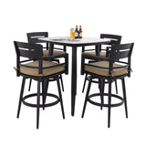 Modern 5PC Outdoor Patio Bar Set,Rounded Square Sintered Stone Table & 4 Swivel Bar Chairs,Non-Rust Aluminum Frame,Ember Black, Marble-Inspired Top,Bearing Swivel Plate,Tapered Legs,Sunbrella Cushion