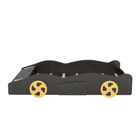 Black+Yellow Race Car-Shaped Full Size Platform Bed with Wheels and Storage, Solid Wood+MDF
