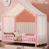 Montessori Floor Bed with Canopy, Twin Bed Frame for Kids, House Shape Kids Bed Frame with High Railings, Wood Kids Bed with Roof, Kid Twin Bed, Pink