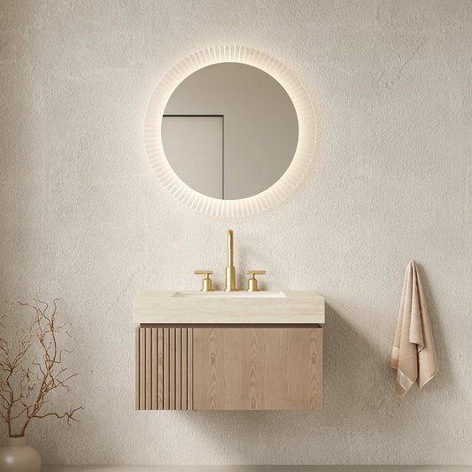 MURI 30' Bathroom Vanity&Sink, Floating Plywood Storage Cabinet with Drawer&Door, Roma Travertine Sintered Stone Top&Ceramic Basin with 3 Pre-drilled Faucet Holes, Pre-assembled, Heidelberg Woodgrain