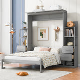 Queen Size Murphy Bed Wall Bed with Shelves, Drawers and Lights,Gray(OLD SKU:LP000566AAE-2)