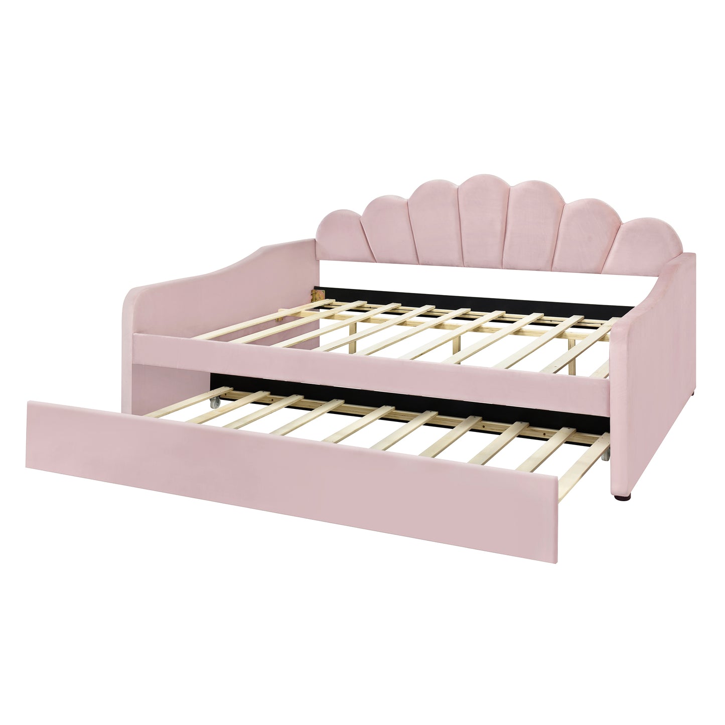 Full Size Upholstery Daybed Frame with Shell Shaped Backrest and Trundle in Pink Velvet Fabric