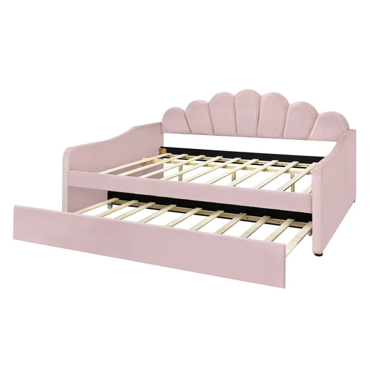 Full Size Upholstery Daybed Frame with Shell Shaped Backrest and Trundle in Pink Velvet Fabric