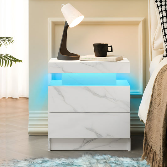 Nightstand LED Bedside Table Cabinet Lights Modern End Side with 2 Drawers for Bedroom (White Stone)