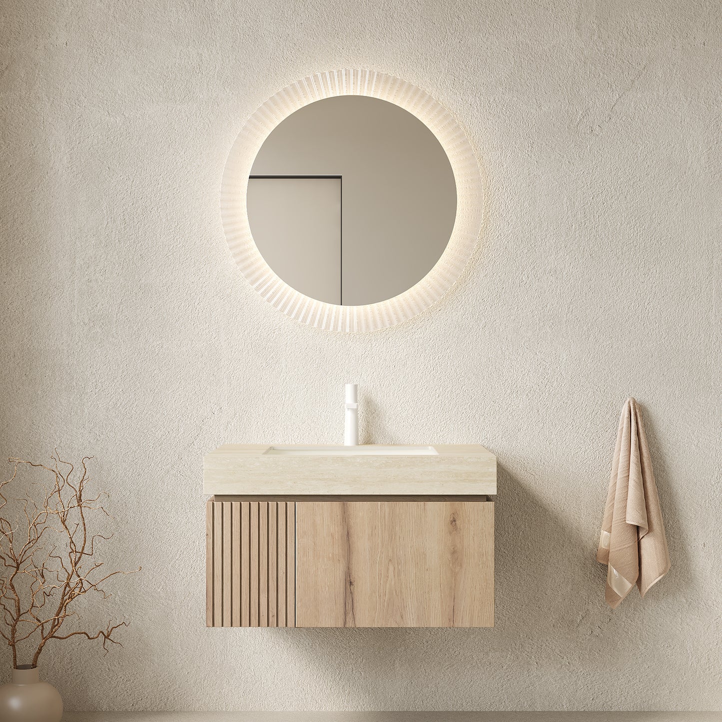 MURI 30' Bathroom Vanity&Sink, Floating Plywood Storage Cabinet with Drawer&Door, Roma Travertine Sintered Stone Top&Ceramic Basin with 1 Pre-drilled Faucet Hole, Pre-assembled, White Oak Woodgrain