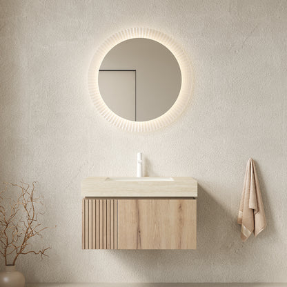 MURI 30' Bathroom Vanity&Sink, Floating Plywood Storage Cabinet with Drawer&Door, Roma Travertine Sintered Stone Top&Ceramic Basin with 1 Pre-drilled Faucet Hole, Pre-assembled, White Oak Woodgrain