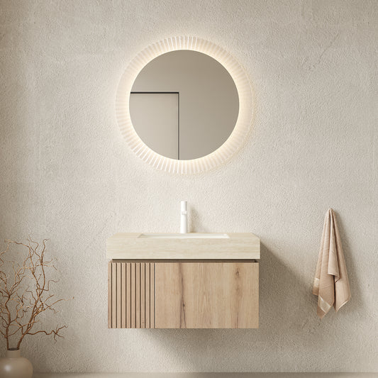 MURI 30' Bathroom Vanity&Sink, Floating Plywood Storage Cabinet with Drawer&Door, Roma Travertine Sintered Stone Top&Ceramic Basin with 1 Pre-drilled Faucet Hole, Pre-assembled, White Oak Woodgrain
