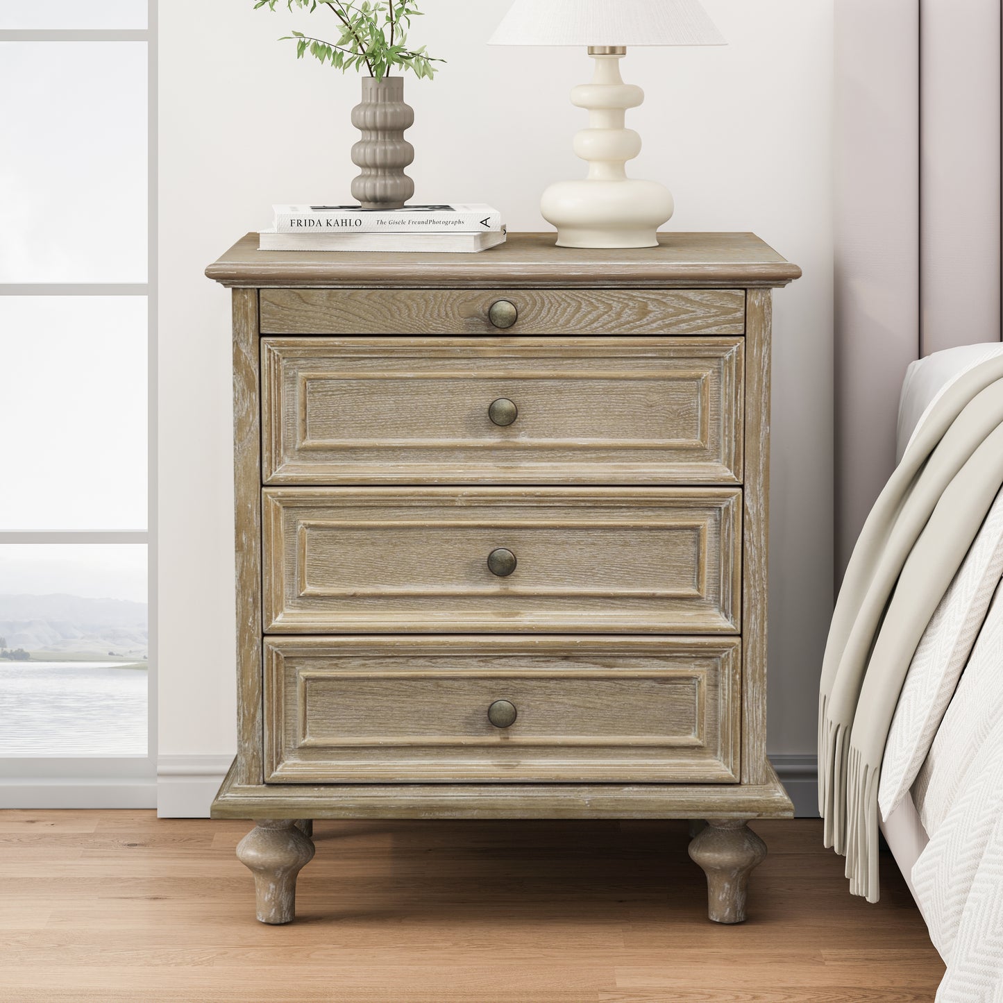 Farmhouse Nightstands with 4 Drawer,Wood Storage End Table with Hidden Pull-Out Shelf, Large Side Table with 4 Solid Wood Feet and Metal Handle,Easy Assembly,Natural