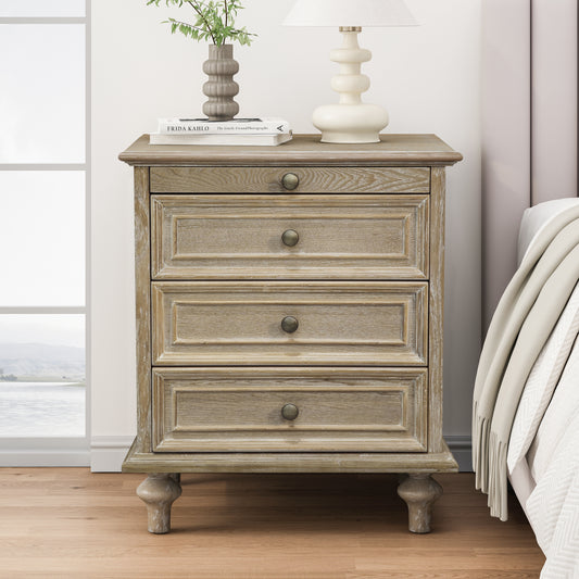 Farmhouse Nightstands with 4 Drawer,Wood Storage End Table with Hidden Pull-Out Shelf, Large Side Table with 4 Solid Wood Feet and Metal Handle,Easy Assembly,Natural
