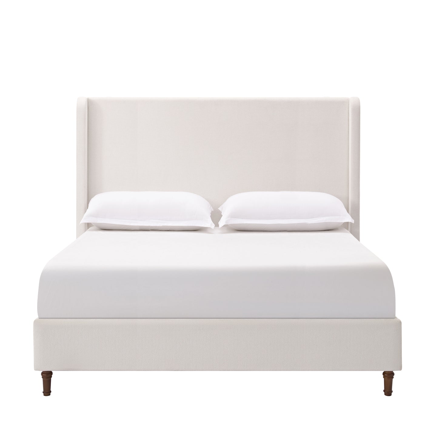 Harper Tall Headboard Upholstered Bed Frame in Cream White Chenille with 54' Height, Wooden Slats Base, Walnut Effect Feet, California King Size