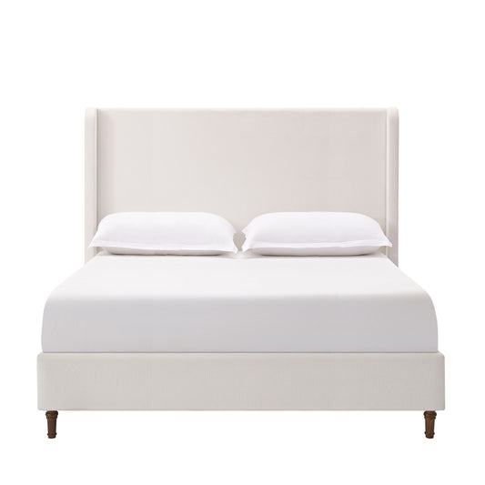 Harper Tall Headboard Upholstered Bed Frame in Cream White Chenille with 54' Height, Wooden Slats Base, Walnut Effect Feet, California King Size