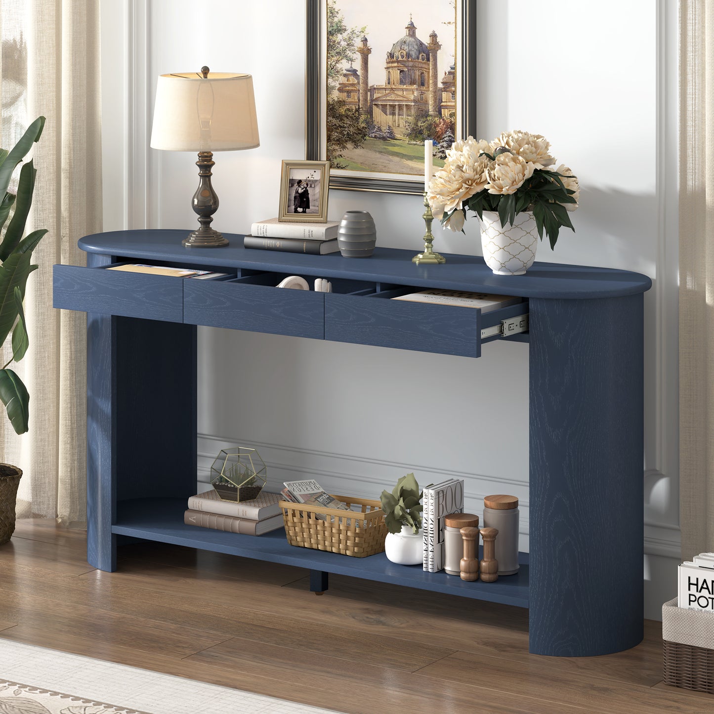U_Style 59.8'' Modern Oak Veneer Console Table with 3 Drawers,Farmhouse Entryway Table with Shelf,Wood Sofa Table with Semi-Circular Design, Suitable for Living Room,Hallway,Entryway, Foyer, Corridor