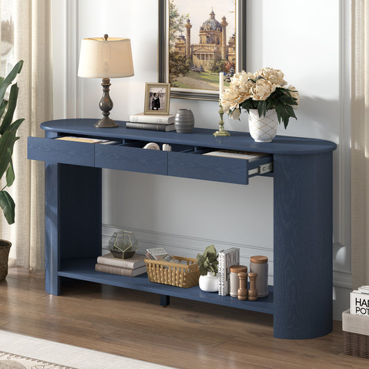 U_Style 59.8'' Modern Oak Veneer Console Table with 3 Drawers,Farmhouse Entryway Table with Shelf,Wood Sofa Table with Semi-Circular Design, Suitable for Living Room,Hallway,Entryway, Foyer, Corridor