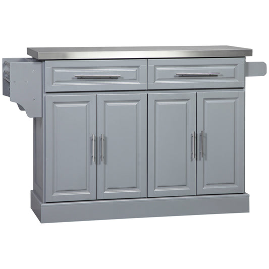 HOMCOM Rolling Kitchen Island with Stainless Steel Top and Storage, Gray, MDF, 57 x 17.75 x 36 inches
