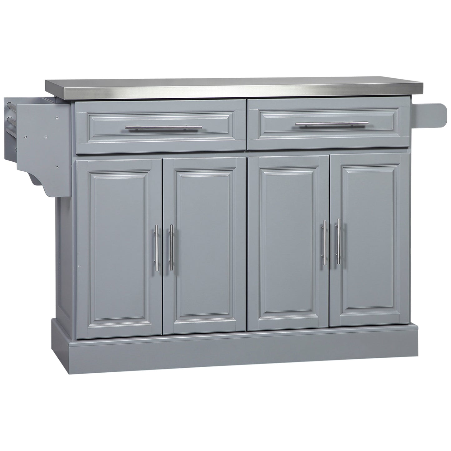 HOMCOM Rolling Kitchen Island with Stainless Steel Top and Storage, Gray, MDF, 57 x 17.75 x 36 inches