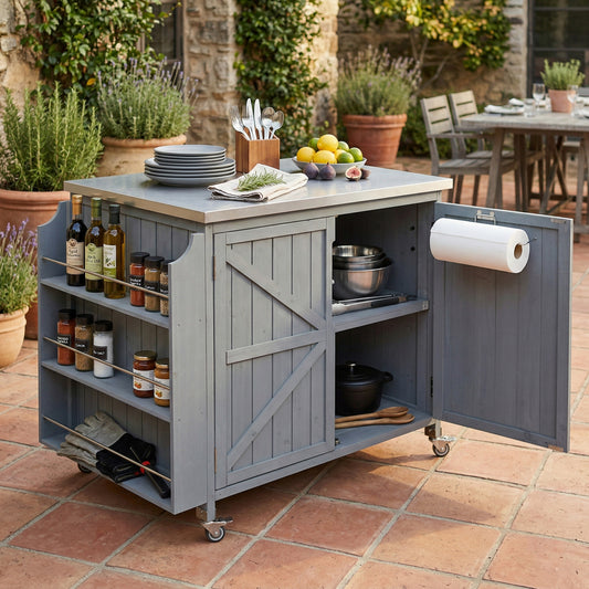 K&K 42.1' Outdoor Kitchen Island with Side Shelf, Outdoor Grill Cart with Storage Cabinet, Outdoor Kitchen Cabinet with Stainless Steel Top,  Adjustable Shelf and 4  Wheels for Pizza Prep, Grey Blue