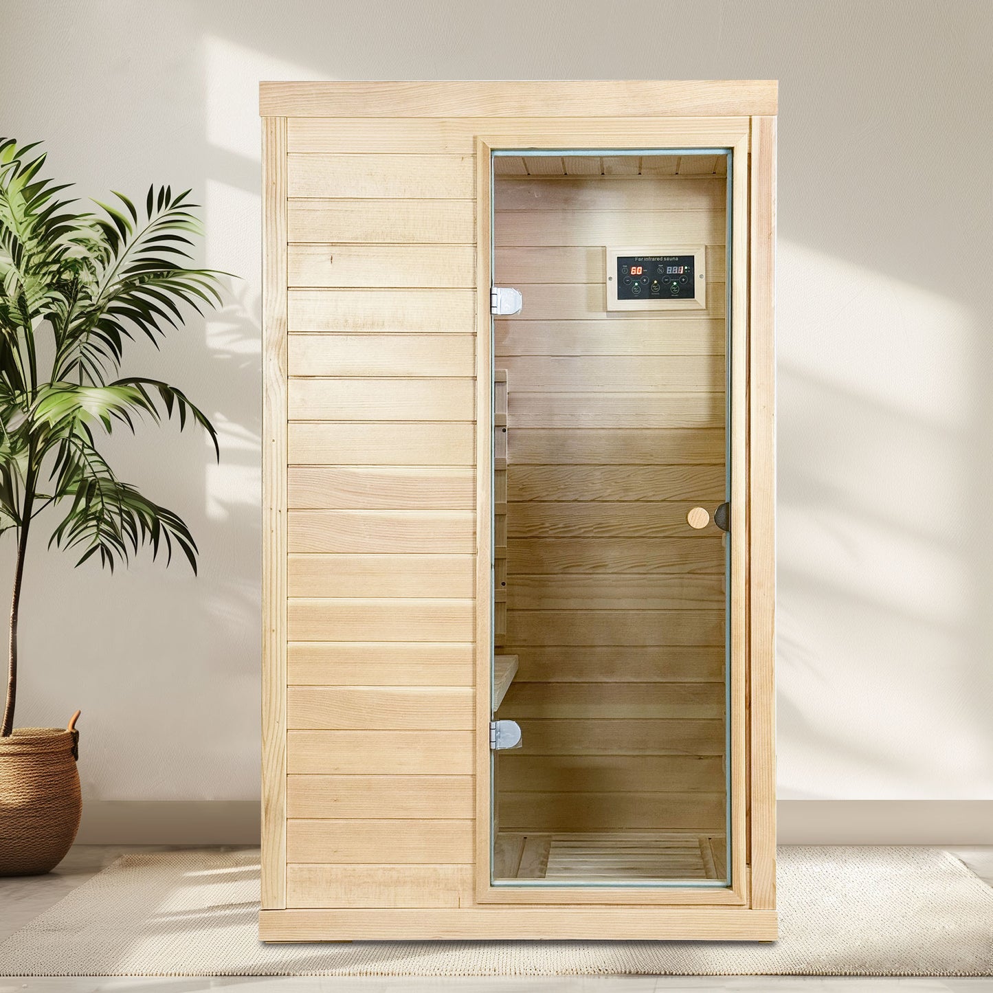 Canadian Hemlock wood one person Far infrared door on the Right of the indoor sauna room