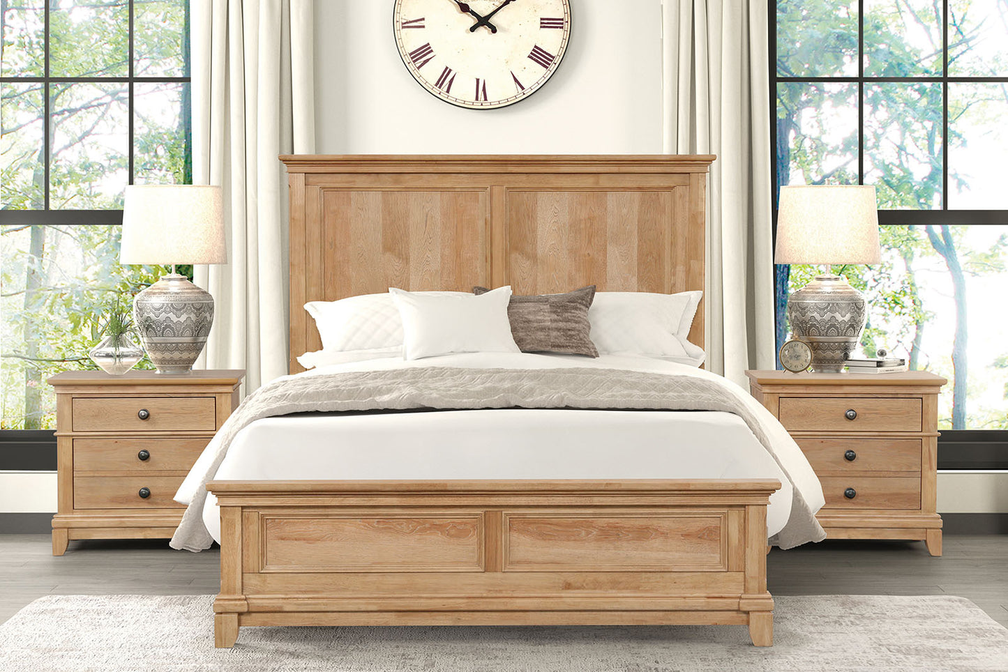 3pc Set Farmhouse Style Full Size Bed Nightstands Plank Headboard Natural Oak Bedroom Furniture