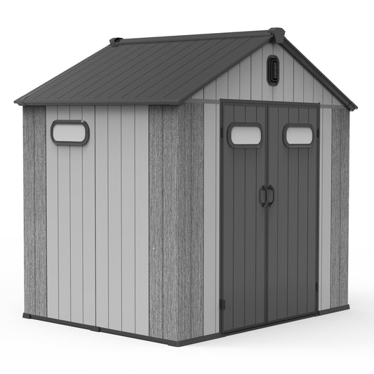 8x6FT Resin Outdoor Storage Shed with Lockable Door, Waterproof Outside Sheds with Windows & Vents, Heavy-Duty Plastic Tool Storage Shed for Patio Furniture, Lawn Mower, Bike