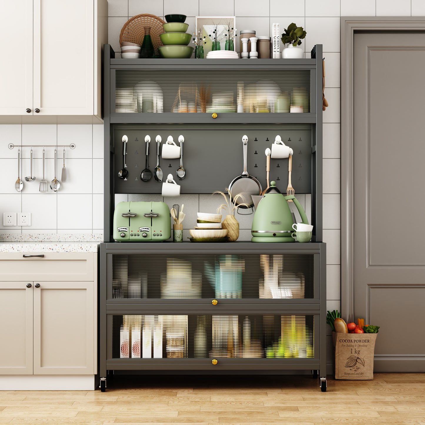 65'' Tall Kitchen Bakers Rack with Flip Door Cabinet, 5 Tier Multifunctional Microwave Stand Buffet, Coffee Bar, Quick Assembly, Gray