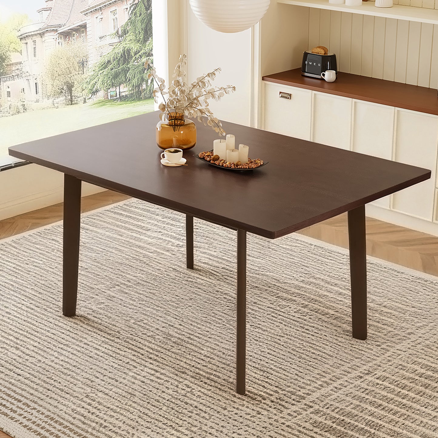 60' Rustic Farmhouse Dining Table - Solid Wood Frame, Minimalist Modern Dining Table for Kitchen, Dining Room, Living Room, Walnut