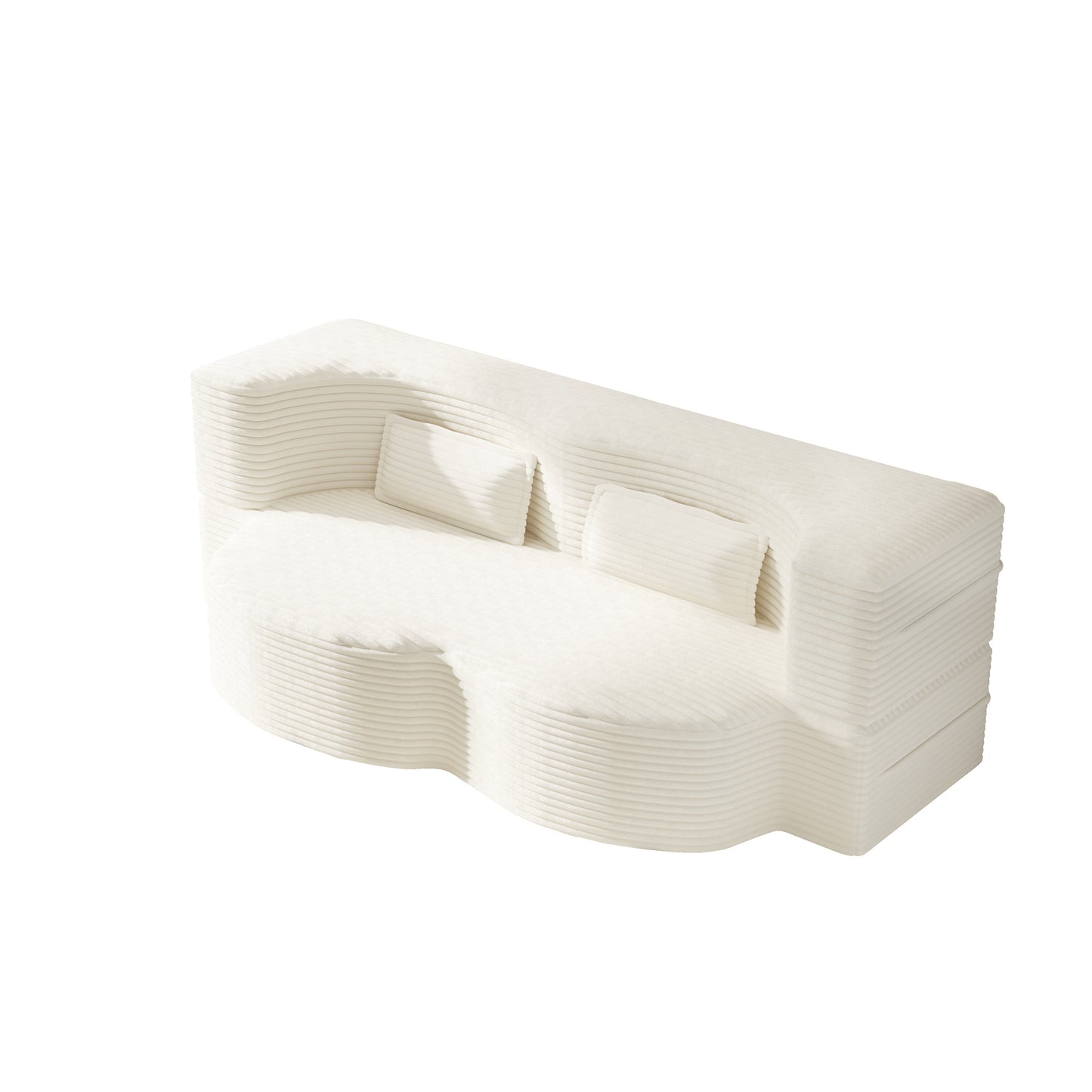 Modern Floor Sofa with 2 Pillows,Convertible Corduroy Fabric Foam-Filled Sleeper Sofa Bed,15' Twin Size Folding Mattress for Living Room,Guest Bed,Playroom,no assembly required,Beige/White
