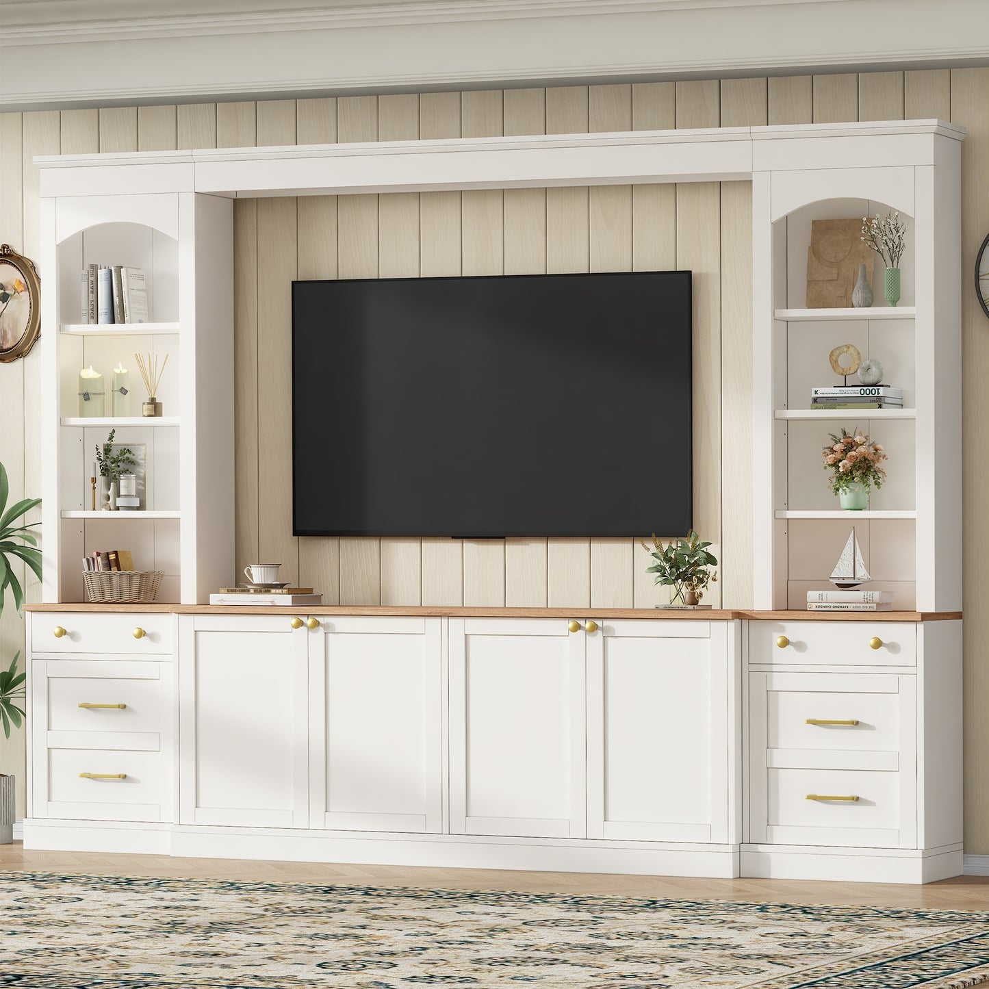 Farmhouse Arched Entertainment Center Wall Unit with Bookshelf, Retro Large TV Stand with Wood Grain for TVs Up to 70', 106inch Multi-Functional Media Console with Drawers for Living Room, White