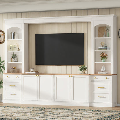 Farmhouse Arched Entertainment Center Wall Unit with Bookshelf, Retro Large TV Stand with Wood Grain for TVs Up to 70', 106inch Multi-Functional Media Console with Drawers for Living Room, White