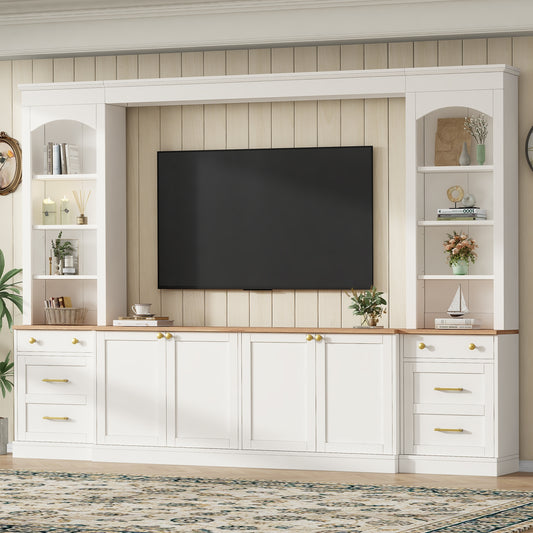 Farmhouse Arched Entertainment Center Wall Unit with Bookshelf, Retro Large TV Stand with Wood Grain for TVs Up to 70', 106inch Multi-Functional Media Console with Drawers for Living Room, White