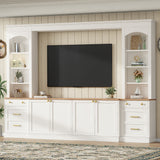 Farmhouse Arched Entertainment Center Wall Unit with Bookshelf, Retro Large TV Stand with Wood Grain for TVs Up to 70', 106inch Multi-Functional Media Console with Drawers for Living Room, White