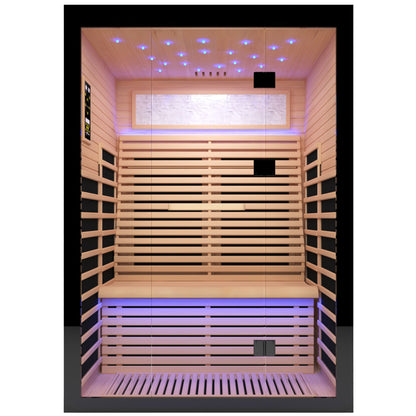 Luxury Double Far Infrared Sauna Room in Black+Natural Wood Finish with Epoxy Heating Plates and Starry Sky Lighting