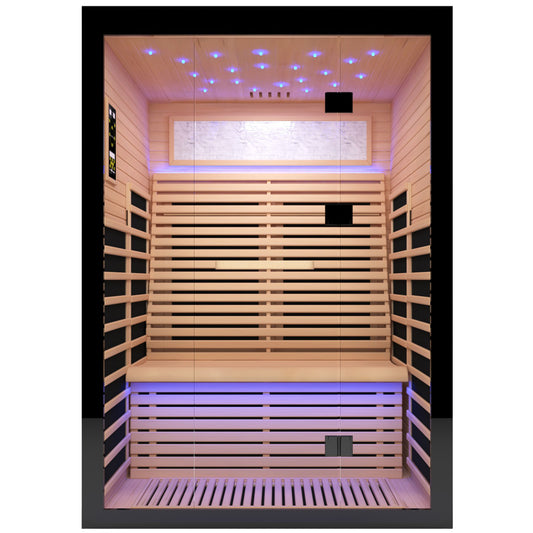 Luxury Double Far Infrared Sauna Room in Black+Natural Wood Finish with Epoxy Heating Plates and Starry Sky Lighting
