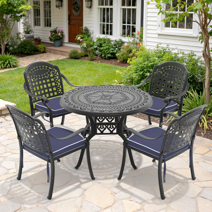 5-Piece Set Of Cast Aluminum Patio Furniture With Black Frame and Blue Seat Cushions