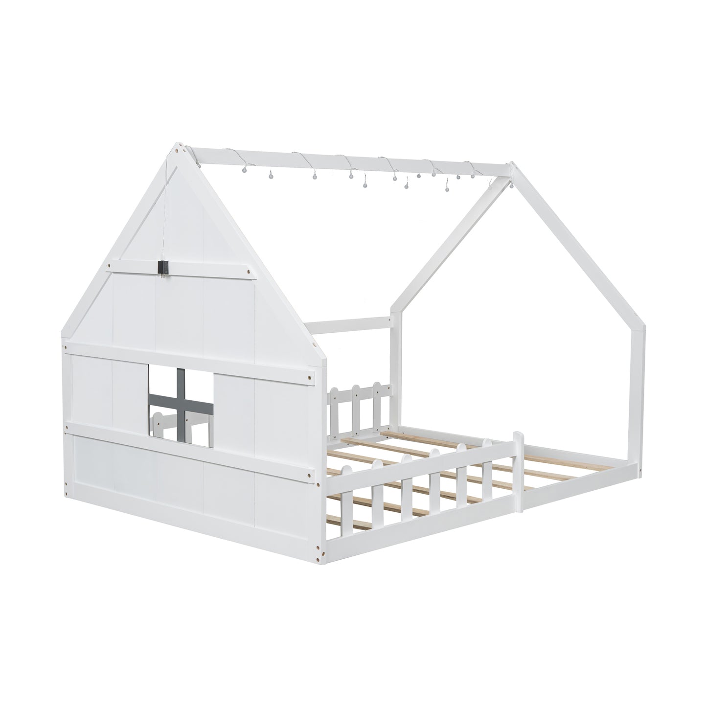 White Full Size Wood House Bed with Window and Fence, Pine Wood+MDF, 77.1''L x 56.8''W x 53.9''H