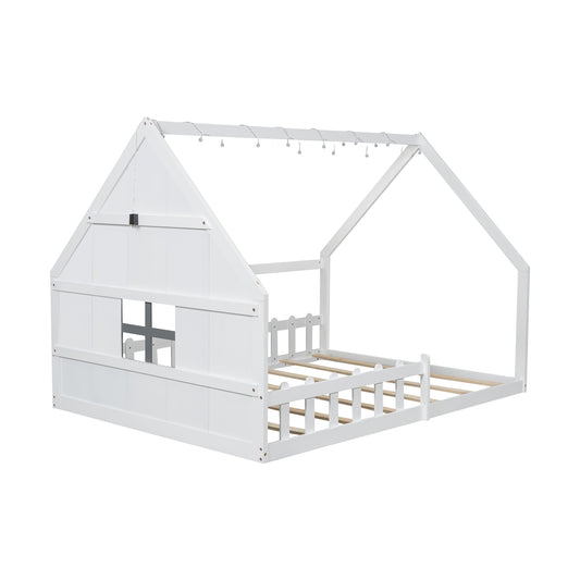 White Full Size Wood House Bed with Window and Fence, Pine Wood+MDF, 77.1''L x 56.8''W x 53.9''H