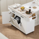 K&K Kitchen Island with Trash Can Storage Cabinet, Kitchen Cart with Drop Leaf, Spice Rack, Towel Rack and Drawer, Rolling Kitchen Island on Wheels with Adjustable Shelf, White