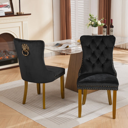 Mid-Century Modern Chairs with Lion Head Pull Ring,High-end Tufted Solid Wood Contemporary Velvet Upholstered Dining Chair with Golden Wooden Legs Nailhead Trim 2-Pcs Set,Black,SW1201BK