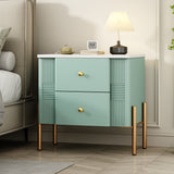Modern Nightstand with 2 Storage Drawer, Fluted Bedside Table with Golden Metal Handles and Legs, End Table for Living Room and Bedroom, Easy Assembly, Green