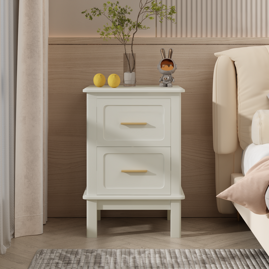 Modern  Nightstand with 2 Drawers, Bedroom Bedside Table with Gold Handles, Sturdy Wood Accent Table for Small Spaces, Living Room, Kids Room & Guest Room-Off White