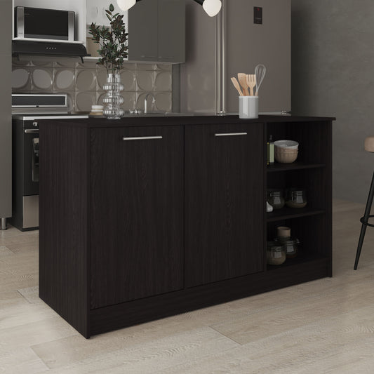 Ginger Kitchen Island, Three Open Shelves, Two Cabinets White / Dark Brown