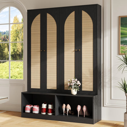 [Assembly Video] Farmhouse Hall Tree with Rattan Doors, Versatile 4-In-1 Seating Bench with 6 Hooks, Mid-Century Entryway Shoe Cabinet with Shelf for Living Room, Black, 55.1'W(OLD SKU: N721P297555B)