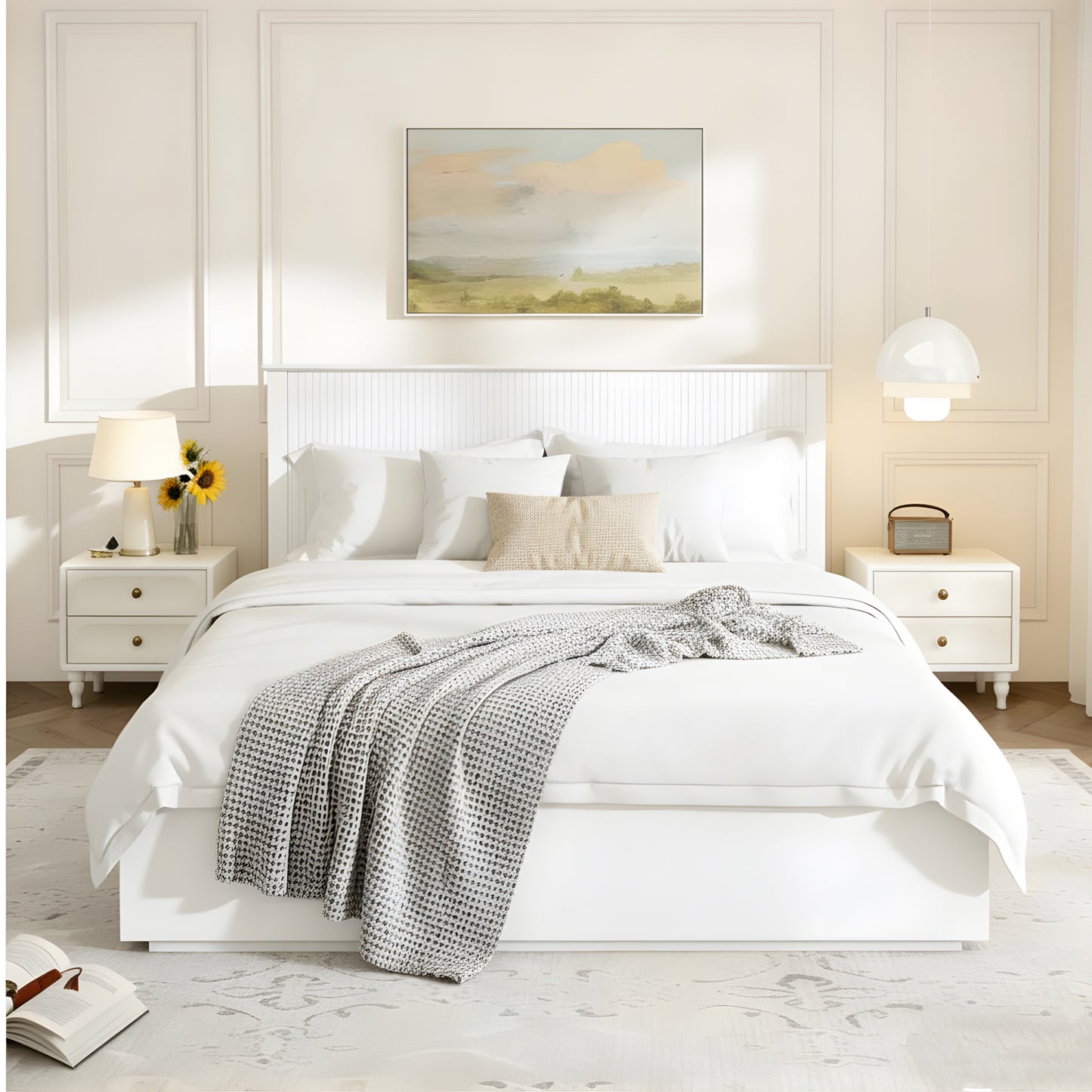 Stylish Queen Size Bed Frame - White Solid Wood King Bed, 600lbs Weight Limit, Compatible with 8 - 10' Mattress, Contemporary Bedroom Furniture