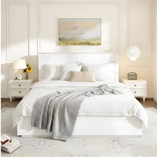 Stylish Queen Size Bed Frame - White Solid Wood King Bed, 600lbs Weight Limit, Compatible with 8 - 10' Mattress, Contemporary Bedroom Furniture