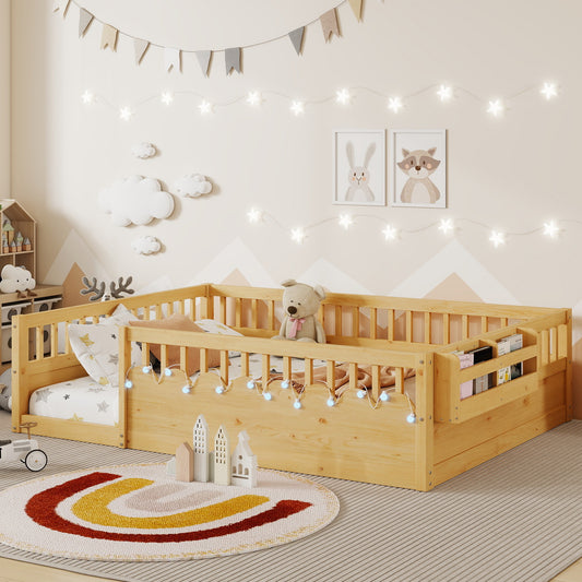 Full Montessori Floor Bed Frame with High Rails, Wood Kids Floor Beds with Light and Storage Shelf, Natural (Expect Arrival Date 2025/8/15)