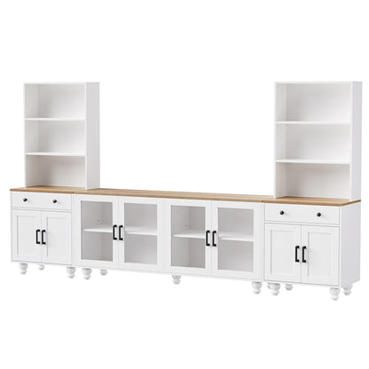 Farmhouse TV Stand with Solid Wood Gourd-Shaped Legs for TVs Up to 70', Entertainment Center with Bookshelves & Tempered Glass Doors, Media Console with Adjustable Shelves, Living Room, White