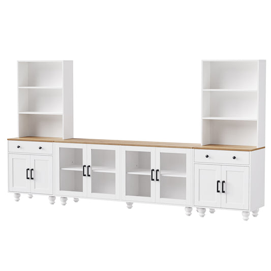 Farmhouse TV Stand with Solid Wood Gourd-Shaped Legs for TVs Up to 70', Entertainment Center with Bookshelves & Tempered Glass Doors, Media Console with Adjustable Shelves, Living Room, White