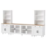 Farmhouse TV Stand with Solid Wood Gourd-Shaped Legs for TVs Up to 70', Entertainment Center with Bookshelves & Tempered Glass Doors, Media Console with Adjustable Shelves, Living Room, White