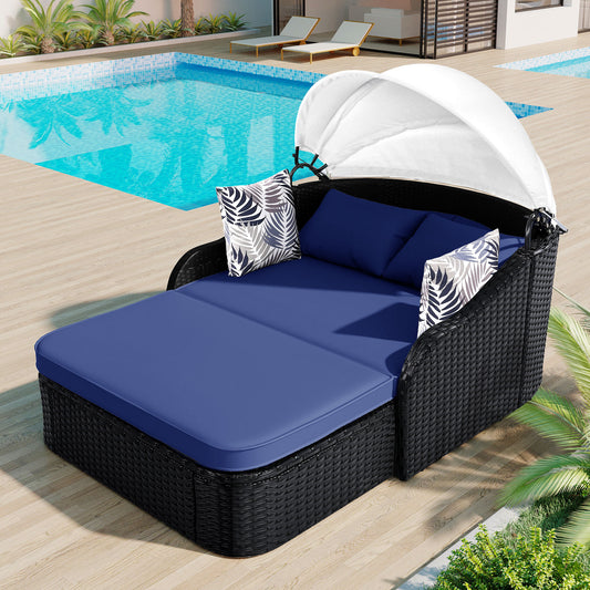 GO 79.9' Outdoor Sunbed with Adjustable Canopy, Double lounge, PE Rattan Daybed, Black Wicker and Blue Cushion