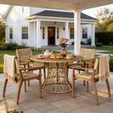 5-Piece Outdoor Dining Set: Teak Finish Round Acacia Wood Table & 4 Teak Finish Wicker Armchairs, Patio Garden Furniture